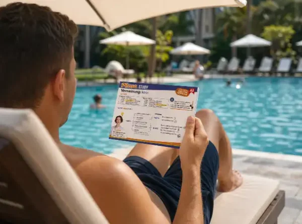 PILOSA.STUDY Lernkarte Verneinung kein - überall im Blick; zum Beispiel am Pool